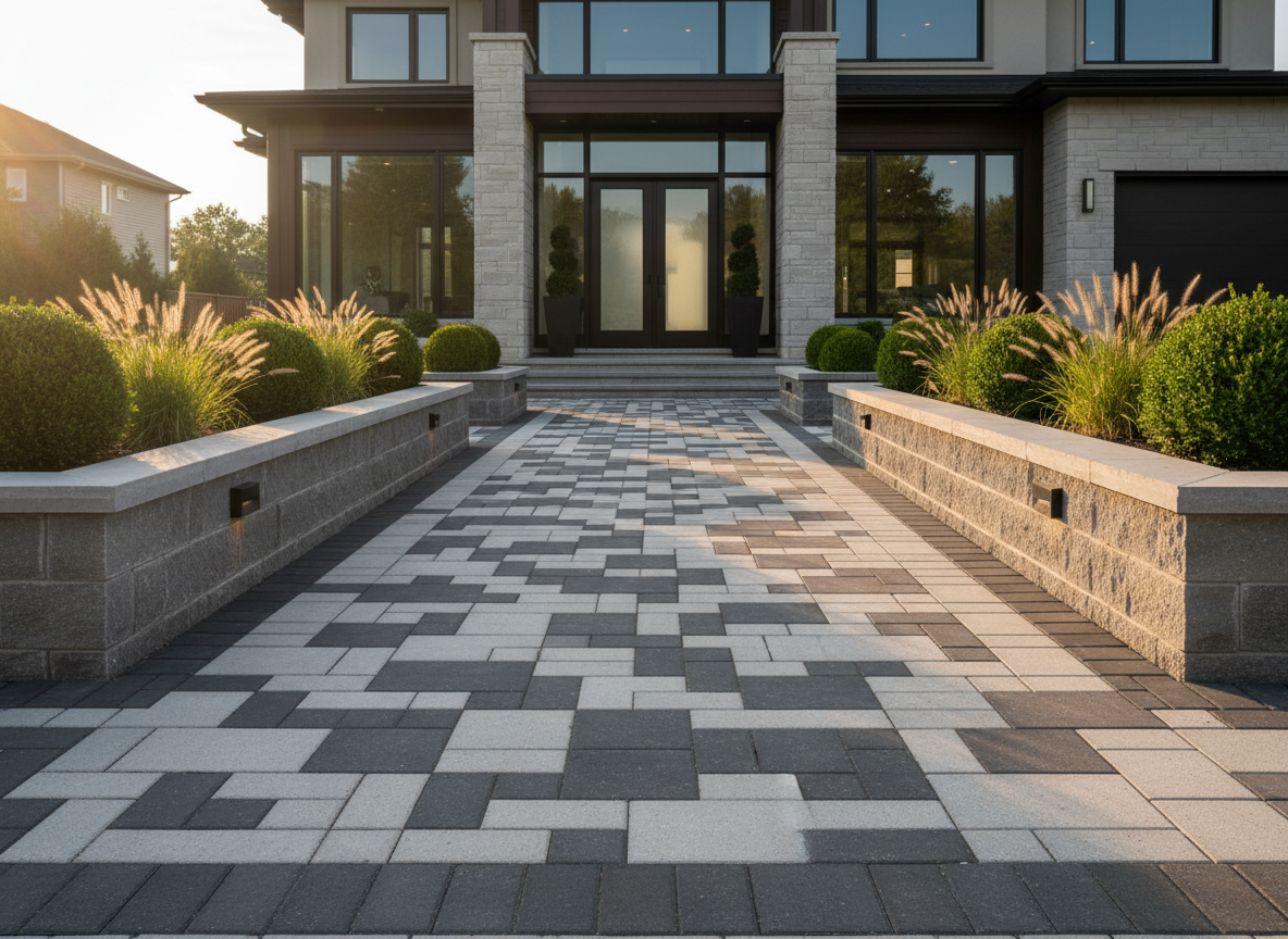 A grand luxury front entrance showcasing meticulously laid dark charcoal and light limestone interlock pavers, forming a refined geometric pattern that leads to an elegant modern home. Low stone planters built from smooth-cut grey masonry frame the walkway, filled with manicured boxwood shrubs and ornamental grasses. Soft golden hour sunlight grazes the textured paver surfaces, revealing subtle color variations and crisp joint lines. The scene is captured at eye level with photographic realism, using a wide-angle composition that emphasizes depth and symmetry. Gentle landscape lighting fixtures along the path cast understated pools of warm light, creating a sophisticated, welcoming atmosphere that reflects high-end Ottawa residential landscaping.