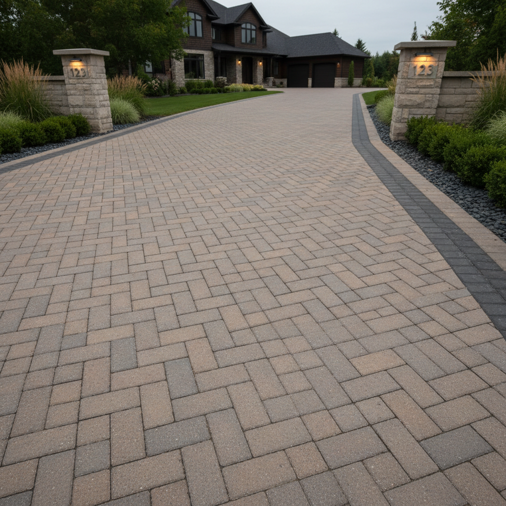 A richly detailed driveway scene showing a luxury interlock driveway in warm taupe and graphite tones, laid in a refined herringbone pattern with a contrasting border that traces the driveway’s elegant curves. The surface has a subtly textured, stone-like finish, perfectly aligned and impeccably edged. Modern stone pillars with integrated address numbers anchor the entrance, flanked by structured plantings and dark decorative gravel. Captured in soft overcast daylight for even, diffused lighting, the photographic image emphasizes the driveway’s craftsmanship and depth of color without harsh shadows. The composition uses a low, angled perspective to accentuate length and grandeur, conveying durability, prestige, and meticulous attention to detail typical of high-end Ottawa landscaping.