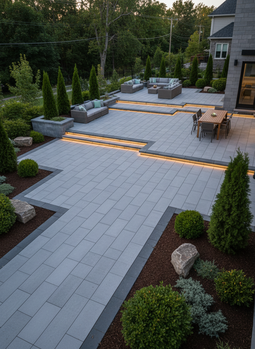 An expansive luxury backyard patio in photographic realism, featuring large-format porcelain-look interlock slabs in cool greys, installed with precise minimal joints for a seamless, contemporary aesthetic. The patio flows into integrated raised interlock platforms that subtly define outdoor living zones. Surrounding the stone is a lush, structured garden with dark mulch, architectural evergreens, and accent boulders. Early evening light creates long, elegant shadows across the patterned surface, while in-ground LED lights softly outline the patio’s perimeter. Shot from a slightly elevated angle, the composition highlights the interplay of horizontal stone planes and vertical garden elements, conveying a polished, resort-like atmosphere ideal for sophisticated Ottawa homes.