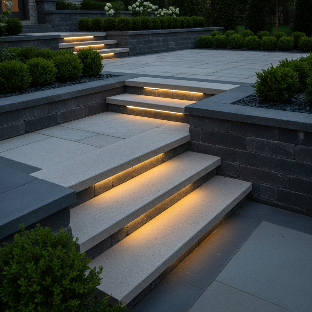 A dramatic close-up of a custom interlock staircase and landing leading from a patio to a higher garden terrace. Each step is built from smooth, dark wall blocks with subtly chamfered edges, topped with wide, sand-textured light stone treads in a contrasting shade. Integrated LED step lights create a soft, linear glow along each riser, highlighting the craftsmanship. Flanking the stairs are symmetrical planting beds with low, structured shrubs and black accent river rock. Captured at dusk in photographic realism, the interplay of lingering natural light and warm artificial illumination produces elegant shadows and highlights. A low, side-angled composition focuses on the precision of the cuts, joints, and transitions, projecting a mood of quiet luxury and architectural refinement.