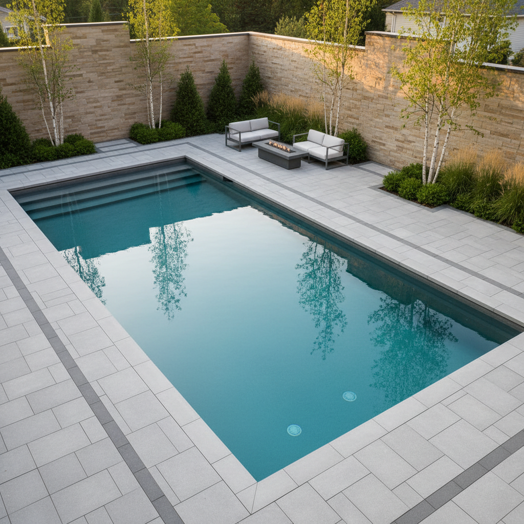 A serene, luxury backyard retreat featuring a sleek rectangular pool framed by precision-cut interlock coping and a surrounding deck of smooth, pale grey pavers with a matte stone texture. The interlock pattern subtly shifts around the pool’s perimeter, adding visual interest while remaining understated and modern. Tall privacy walls clad in complementary stone anchor the space, with neatly pruned evergreens and ornamental grasses softening the hardscape. Late afternoon sun casts refined highlights on the water and pavers, with gentle reflections shimmering on the stone. Photographed from a high, three-quarter view, the composition reveals the thoughtful alignment of joints and edges, evoking a tranquil, spa-like atmosphere in a sophisticated, contemporary Ottawa backyard.